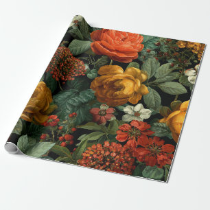 Papel De Presente Laranja Rústico Verde Botânico Floral Ousado Vinta