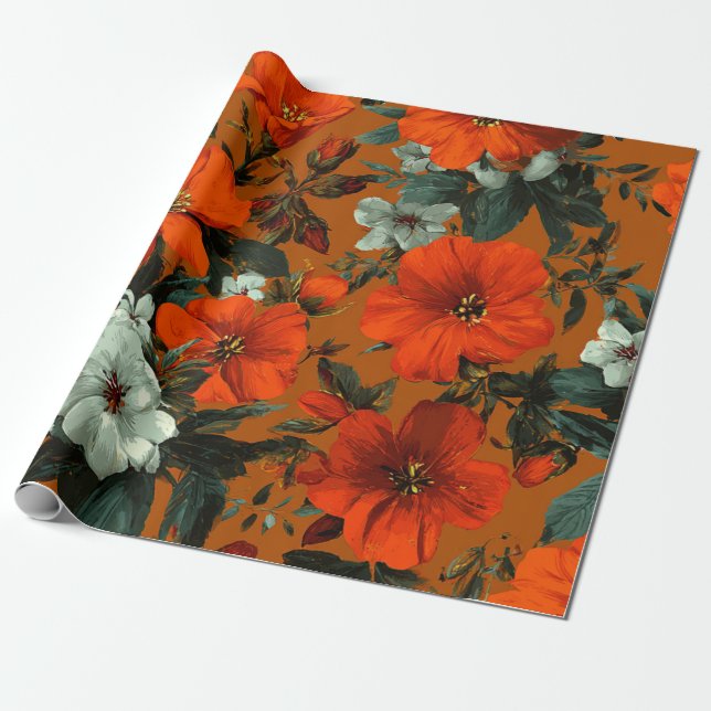 Papel De Presente Laranja Rústico Verde Botânico Floral Ousado Vinta (Desenrolado)