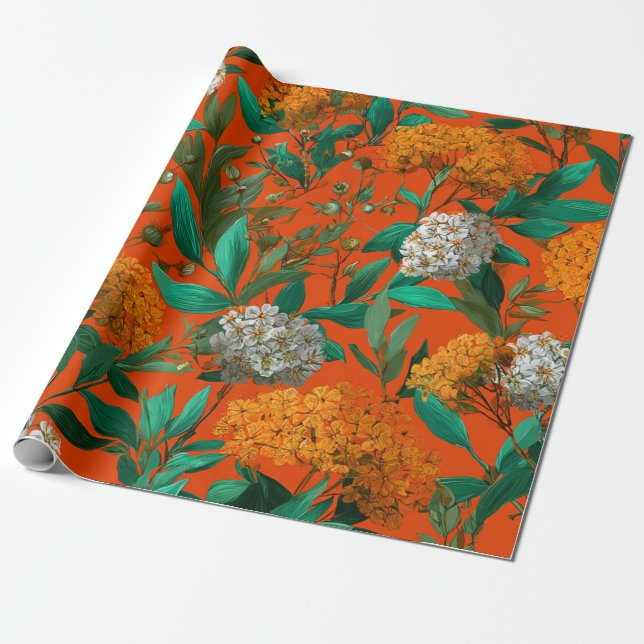 Papel De Presente Laranja Rústico Verde Botânico Floral Ousado Vinta (Desenrolado)