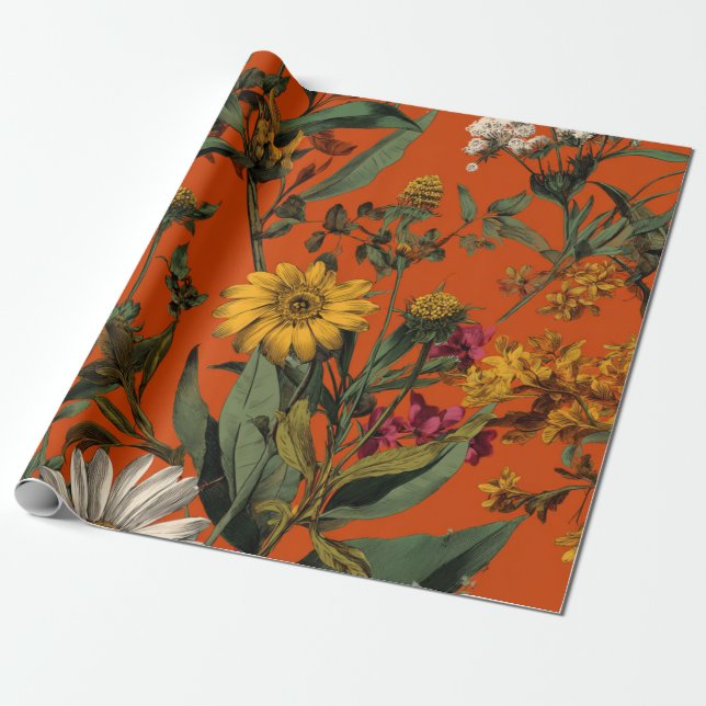 Papel De Presente Laranja Rústico Verde Botânico Floral Ousado Vinta (Desenrolado)