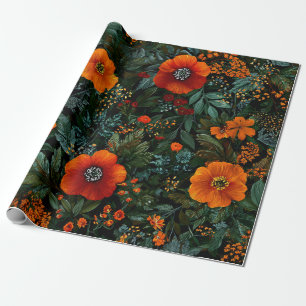 Papel De Presente Laranja Rústico Verde Botânico Ousado Floral Vinta