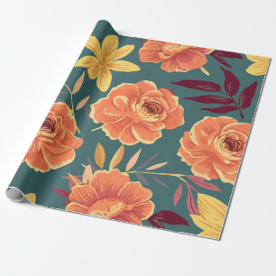 Papel De Presente Laranja Vibrante e Floral Amarelo em Fundo Verde