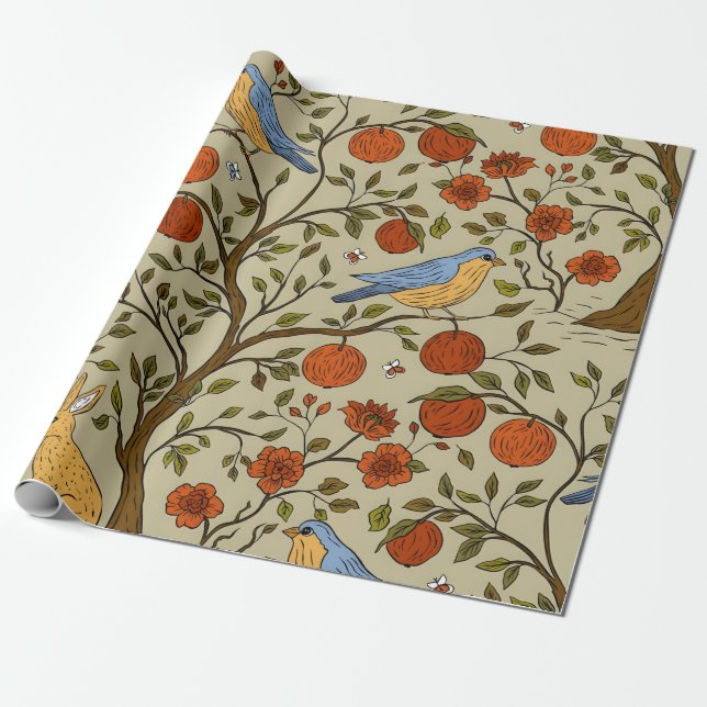 Papel De Presente Laranjas Elegantes Maçãs em Árvores Marrons Design (Desenrolado)