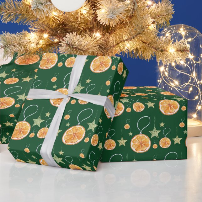 Papel De Presente Laranjas Fofas e Estrelas no Verde (Feriados)