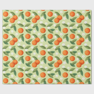 Papel De Presente Laranjas, Folhas Verdes e Flores Brancas