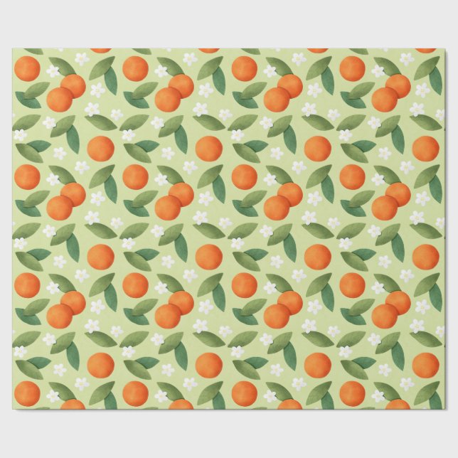 Papel De Presente Laranjas, Folhas Verdes e Flores Brancas (Barra)
