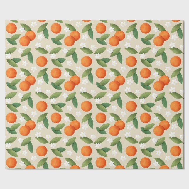 Papel De Presente Laranjas, Folhas Verdes e Flores Brancas (Barra)