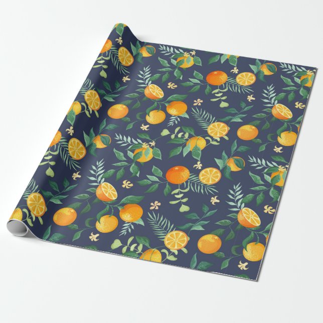 Papel De Presente Laranjas frutas com folhas tropicais e flores em (Desenrolado)