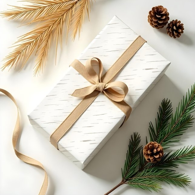 Papel De Presente Latido Branco de Madeira Textura de árvore (White Birch Bark Woodgrain Tree Texture Christmas Wrapping Paper)