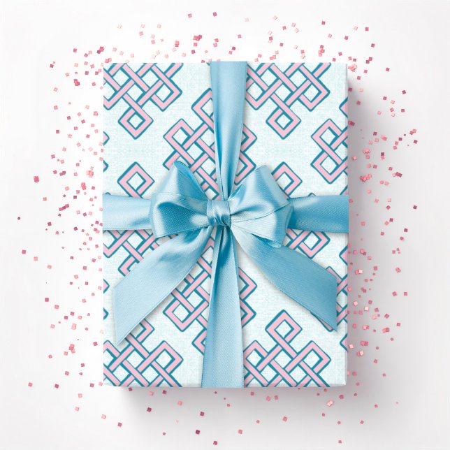 Papel De Presente Lattice Endless Knot Textured in Pink and Aqua (Criador carregado)