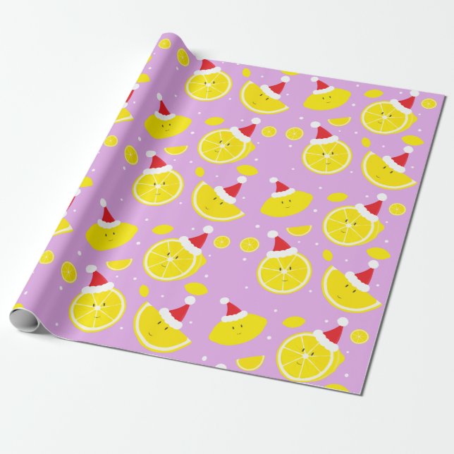 Papel De Presente Lavanda Feliz Lemons Santa Hats Padrão (Desenrolado)