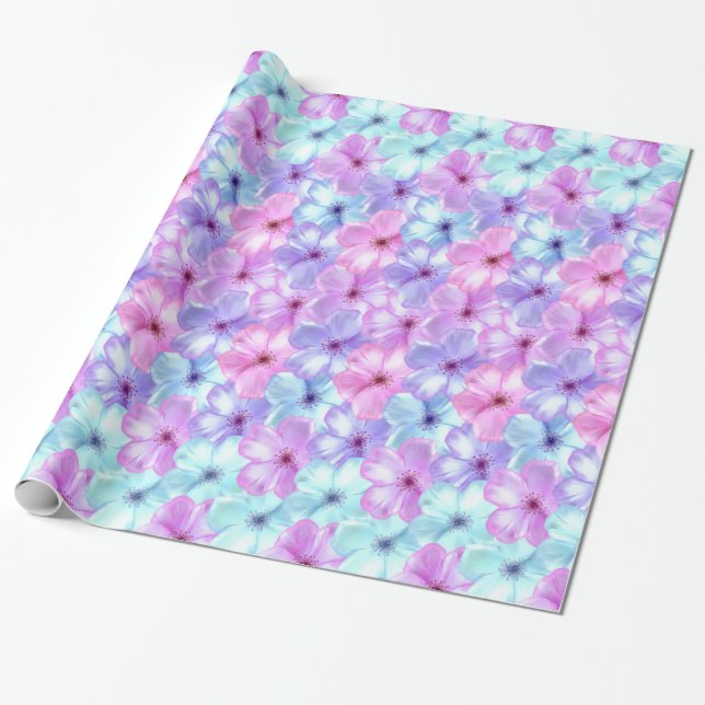 Papel De Presente Lavanda Pastel do Phlox & flores azuis do Aqua (Desenrolado)