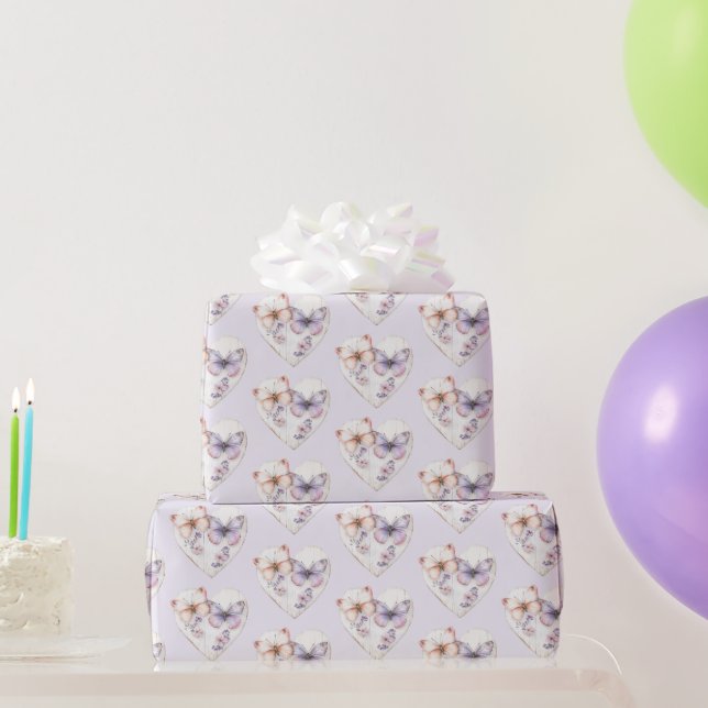 Papel De Presente Lavender Floral Heart Pink Butterflies Birthday (Presentes para festas)