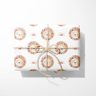 Papel De Presente Leão e Sol Aquarela - Rosa - Safari Animal