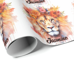 Papel De Presente Leão Flores Pastel Safari Aquarela Gato da Savana