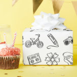 Papel De Presente Legal Kid Birthday Coloring Book Wift Wrap<br><div class="desc">Seus filhos podem colorir este papel antes de embrulhar seus presentes para adicionar um toque super especial aos presentes! Apresenta rabiscos de fones de ouvido, livros, bicicletas, lápis, guinchos, arco-íris, fitas cassetes, flores, óculos de sol, câmeras, skates de rolo, latas de água, paletas de artistas, borboletas, raquetes de tênis e...</div>