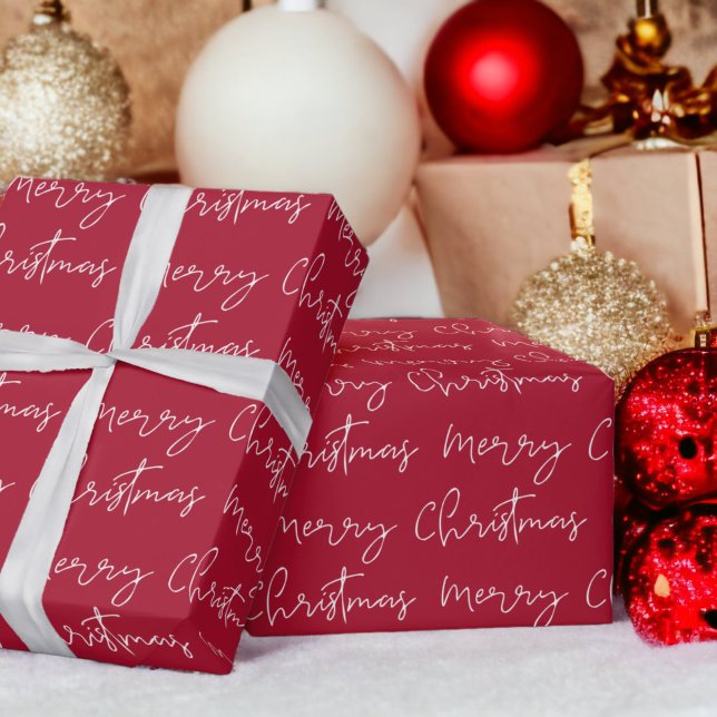 Papel De Presente Legal script de Feliz Natal com fonte branco padrã (Cool Merry Christmas script font white red pattern Wrapping Paper)