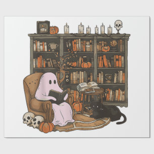 Papel De Presente Leitura Fantasma Livro Amante do Gato Halloween 