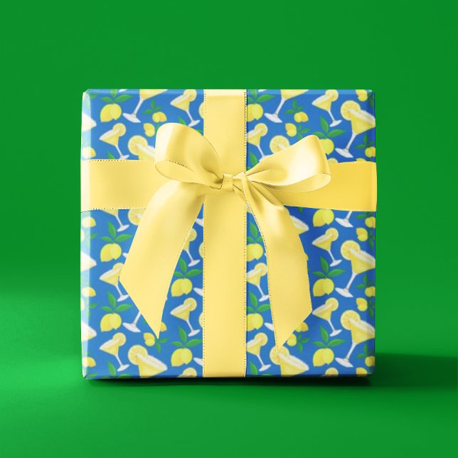 Papel De Presente Lêmon amarelo-limão retro cai em azul (For the lemon drop lover in your life!)
