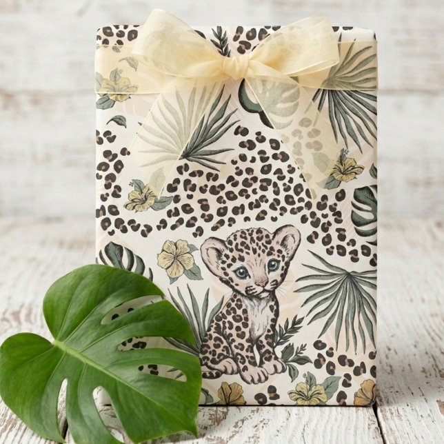 Papel De Presente Leopard Safari Kids Floral Jungle Pattern (Cute Baby Leopard Cub Animal Print Yellow Gender Neutral Wrapping Paper. Kids Jungle Safari Birthday)