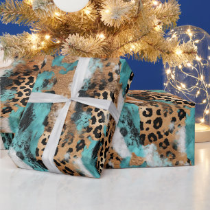 Papel De Presente Leopardo Branco Dourado Turquesa
