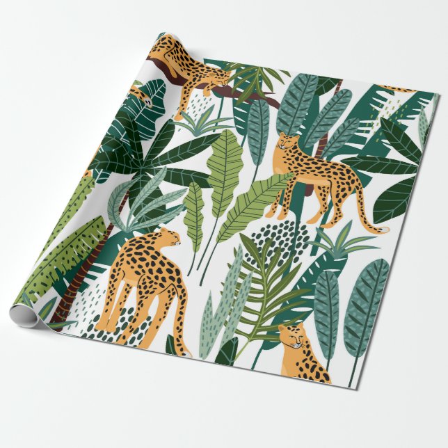 Papel De Presente Leopardo castanho em folhas da selva tropical (Desenrolado)