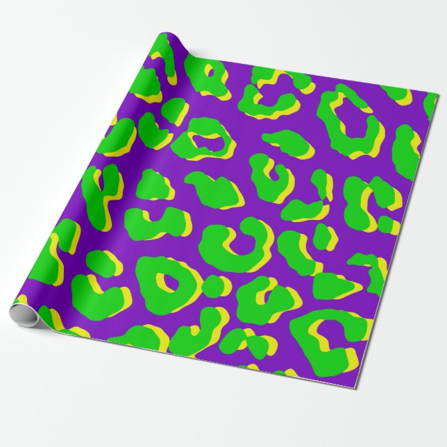 Papel De Presente Leopardo - Impressão Verde Amarelo Púrpura (Desenrolado)