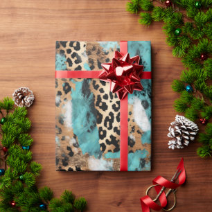 Papel De Presente Leopardo Negro Dourado Turquesa