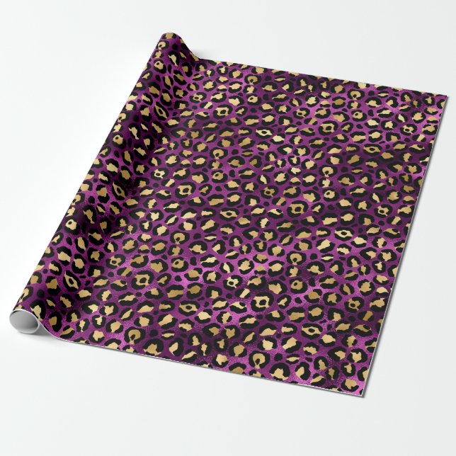 Papel De Presente Leopardo roxo e Dourado Design 1 (Desenrolado)