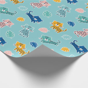 Papel De Presente Leopardos bonitos com folhas de selva em azul-aqua