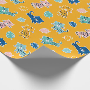 Papel De Presente Leopardos bonitos com folhas de selva na mostarda