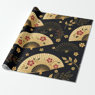 Papel De Presente Leque de Ouro Japonês Padrão Sakura