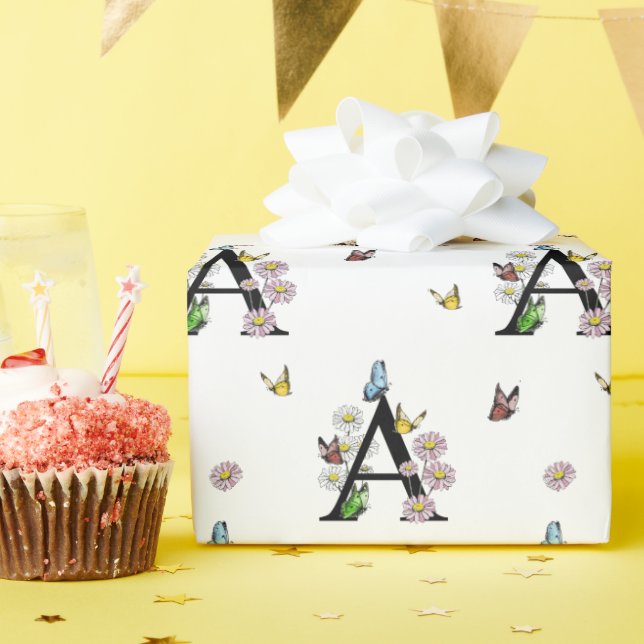 Papel De Presente Letra A Floral Borboleta Monograma Aquarela     (Festa de aniversário)