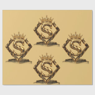 Papel De Presente Letra S Dourada de Luxo Coroa Monograma de Diamant