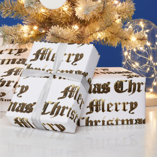 Papel De Presente Letras em Inglês Antigo Natal Dourado e Branco