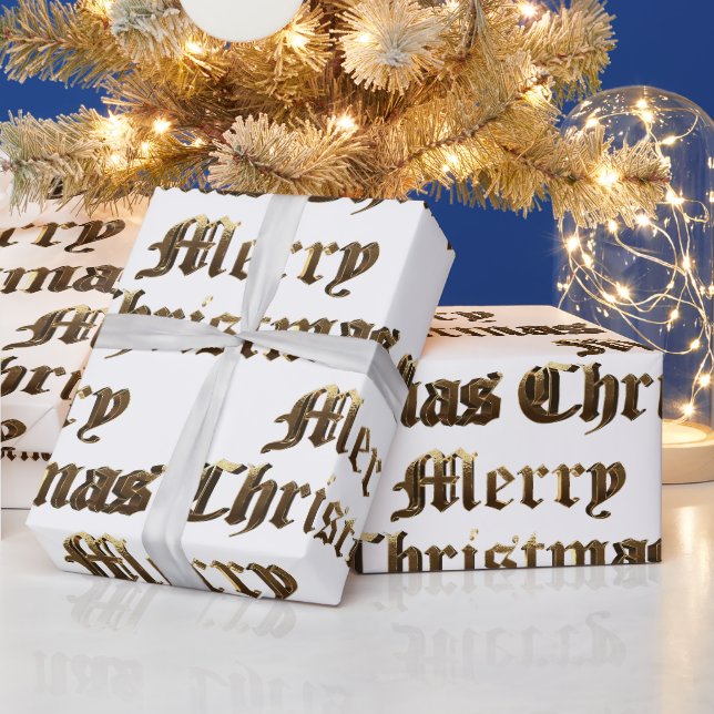 Papel De Presente Letras em Inglês Antigo Natal Dourado e Branco (Feriados)