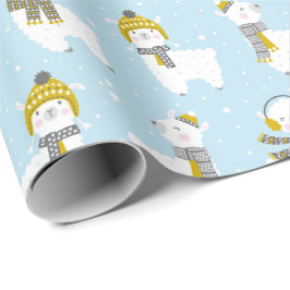 Papel De Presente Lhamas bonitas com chapéus e lenços em azul claro
