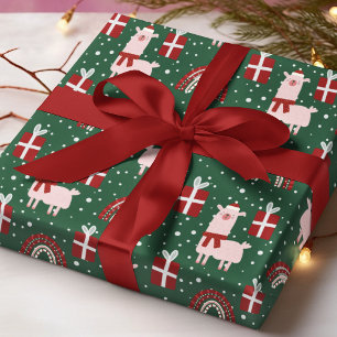 Papel De Presente Lhamas de Natal Arco-íris Presentes Vermelho Verde