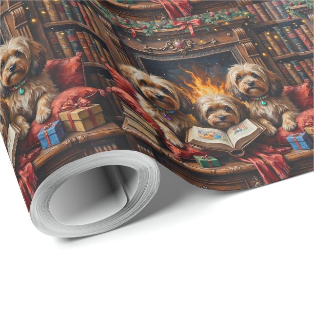 Papel De Presente Lhasa Apso Christmas Bookshelf Nook Holiday (Ponta do rolo)