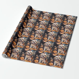 Papel De Presente Lhasa Apso de Halloween com Abóboras Assustadoras