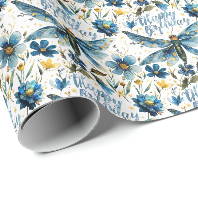 Papel de Presente Libélula Azul Feliz Aniversário (Ponta do rolo)