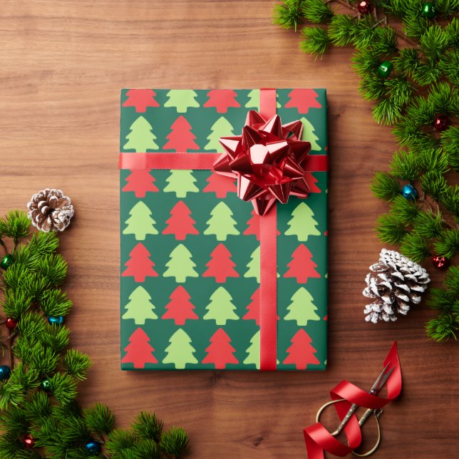 Papel De Presente Light Green & Red Christmas Tree Outline Pattern (Presente de Natal)