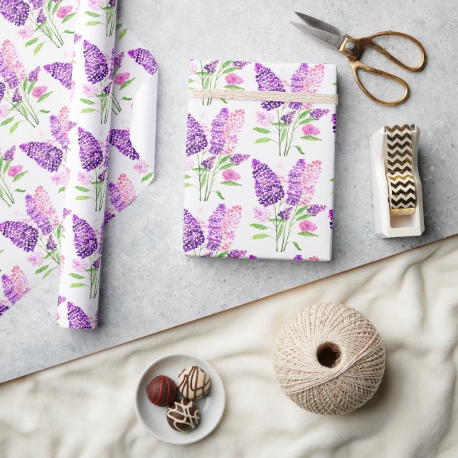 Papel De Presente Lilacs Flores Roxas Padrão Natural De Aquarela (Artesanato)