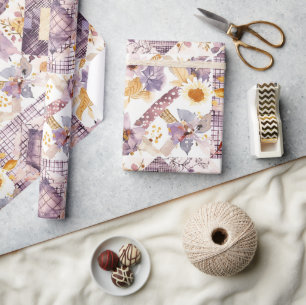 Papel De Presente Lilás Amarelo Colcha Xadrez Cottagecore Floral
