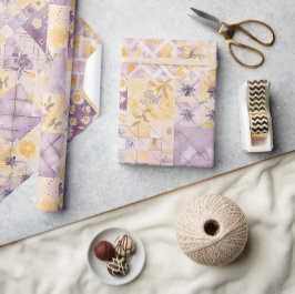 Papel De Presente Lilás Amarelo Colcha Xadrez Cottagecore Floral
