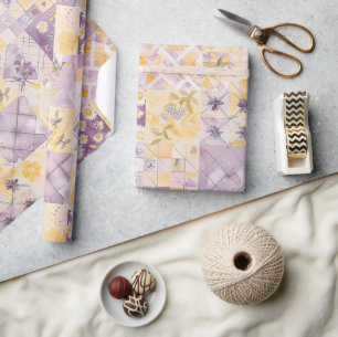 Papel De Presente Lilás Amarelo Colcha Xadrez Cottagecore Floral