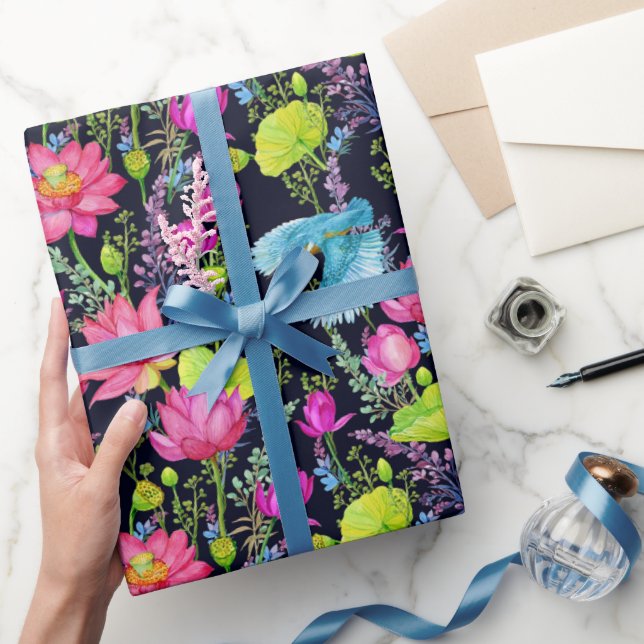 Papel De Presente Lilases Rosa e Pássaros Azuis (Presentear)