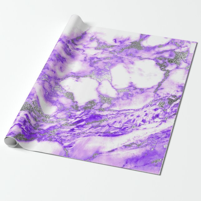 Papel De Presente Lilla Purple Silver White Marble Shiny Glam (Desenrolado)