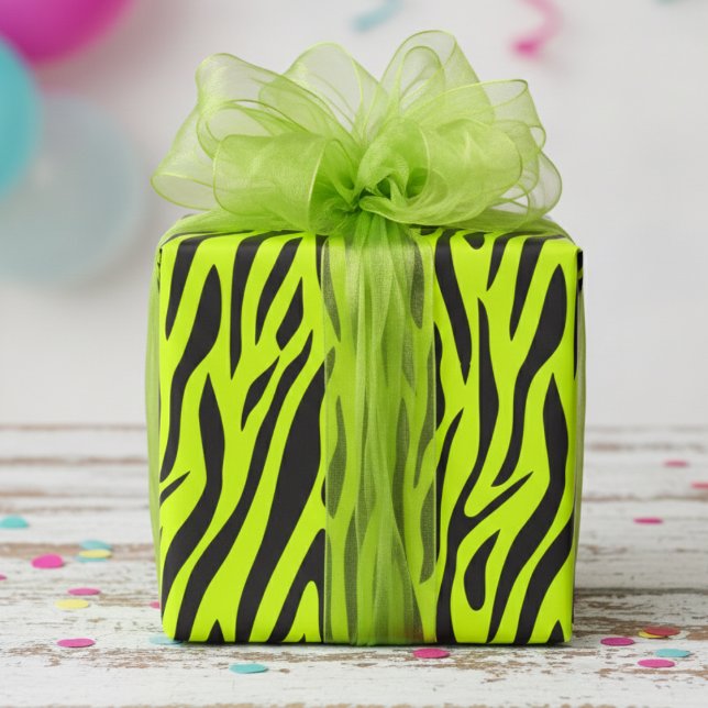Papel De Presente Lima Verde Fluorescente Pequeno Estampa de Zebra (Fun Fluorescent Yellow Wrapping Paper for Cool 80's Kids Party. Modern Zebra Animal Print Gift Wrap)