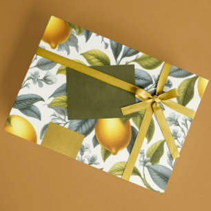 Papel De Presente Limão Amarelo Vibrante e Botânico Aquarela Azul
